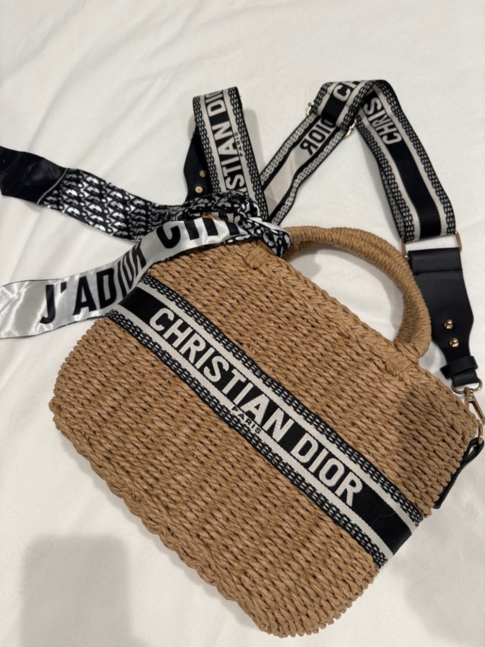 Dior Woven Tan Tote with Black & White Logo Bands - Picture 2 of 8